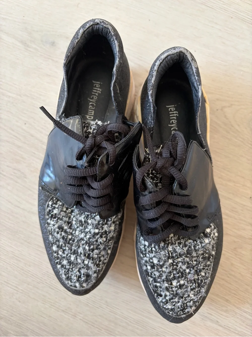 Jeffrey Campbell Black Tweed Platform Lace-Up Sneakers with Cream Sole